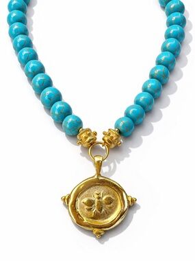 Susan Shaw Bee Intaglio Necklace 24K Gold Plate Turquoise Beaded
